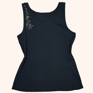 Rare Ribbed Tank with Beaded Floral Embroidery | Black Stretchy
